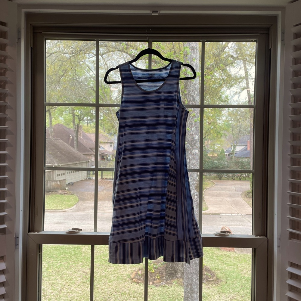 multi blue stripe sleeveless A line sundress.